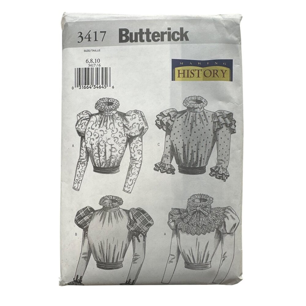 Butterick 3417 Misses Blouse Size 6 8 10 Sash Detachable Collar Sewing Pattern